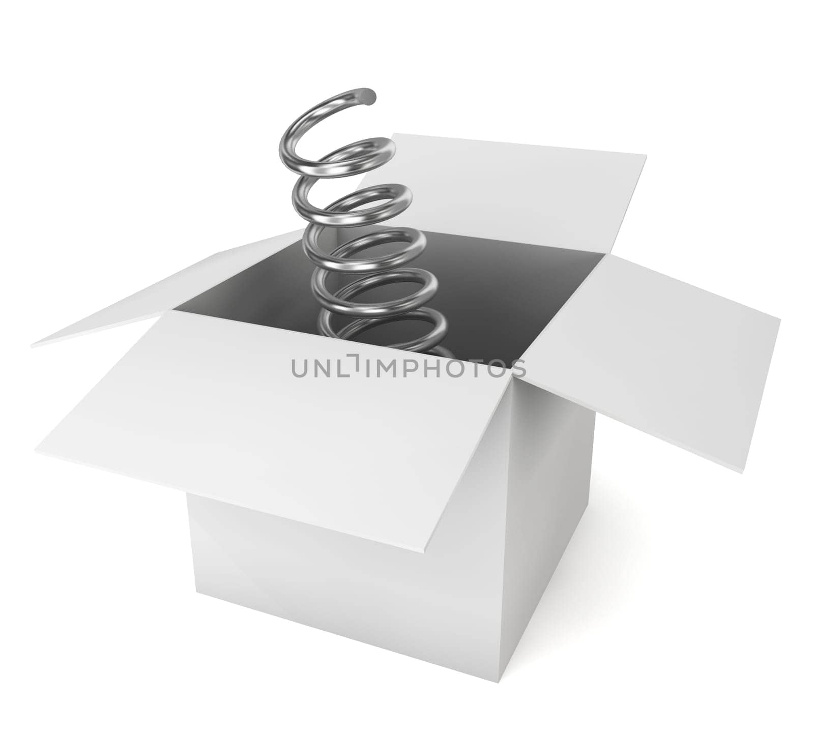 Metal spring come out of the box. 3d illustration on white background