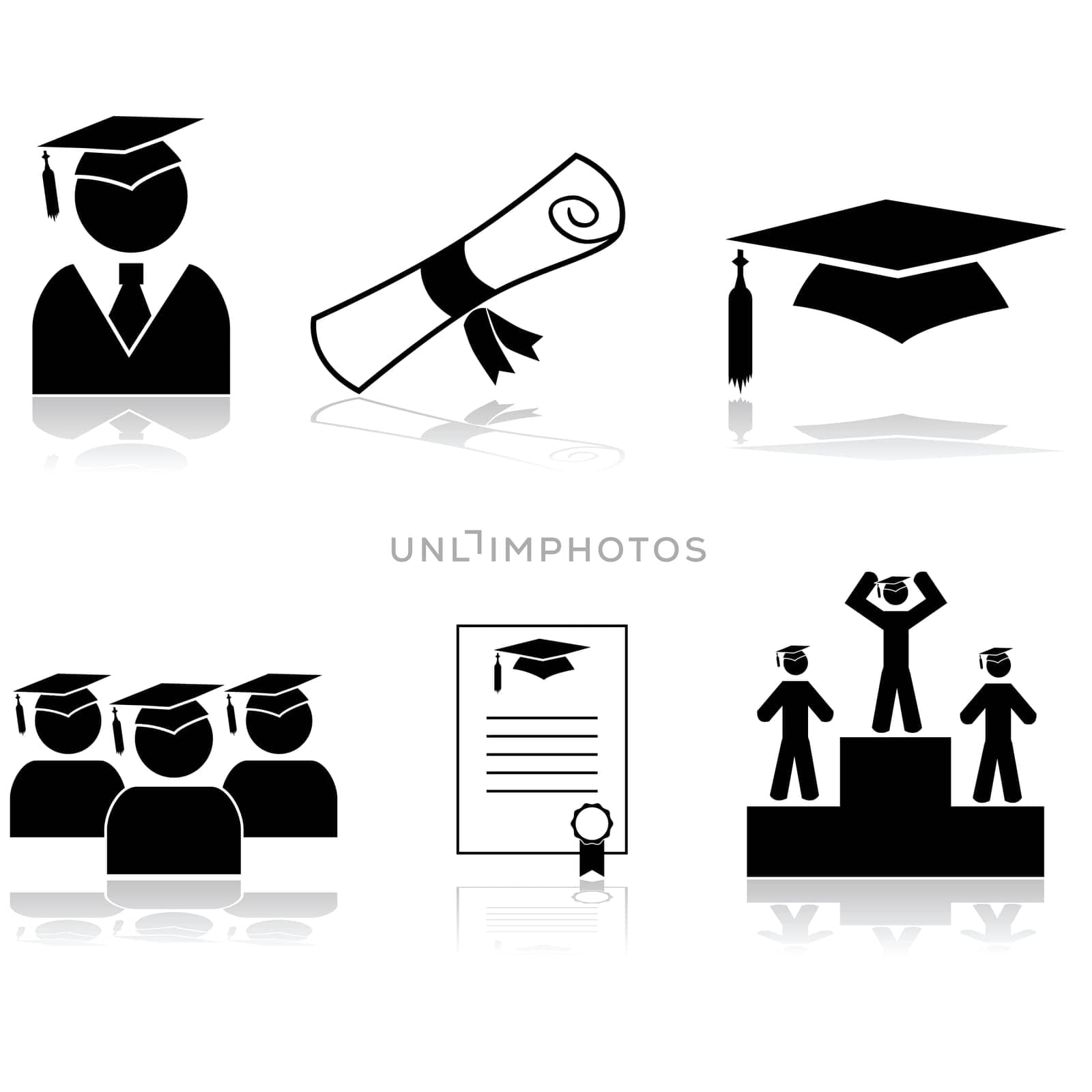 Icon set showing students graduating from school or university