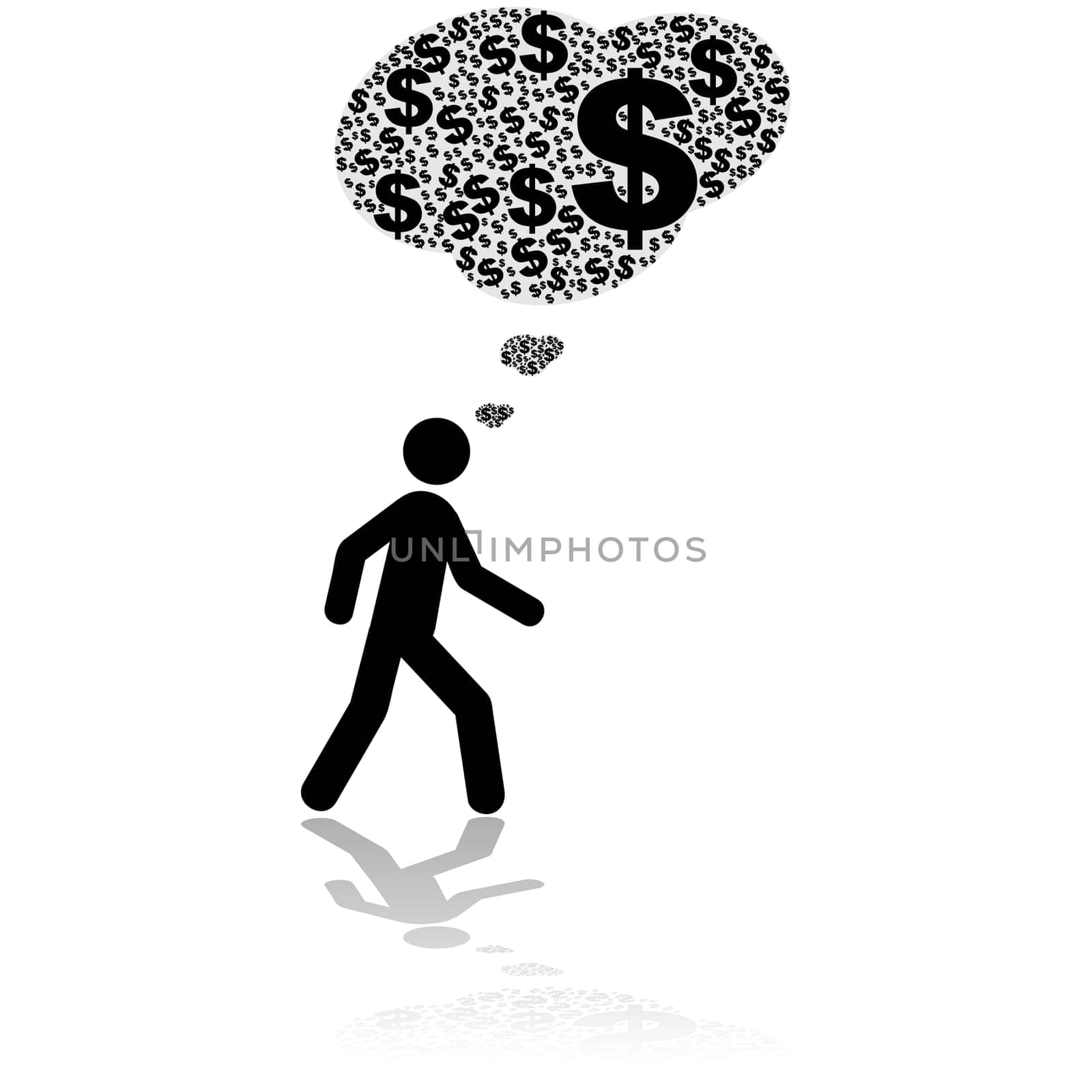 Concept illustration showing a person walking and thinking only about money