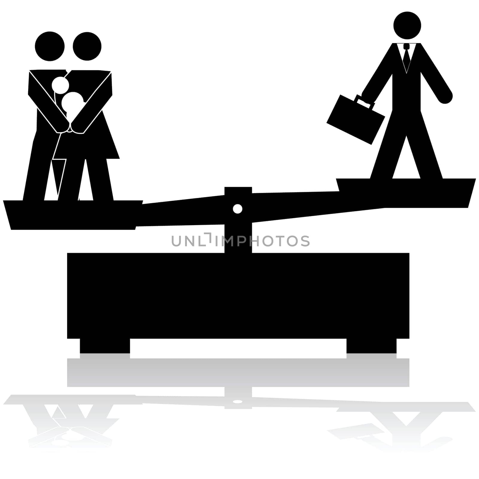 Concept illustration showing a scale trying to balance a family and a businessman