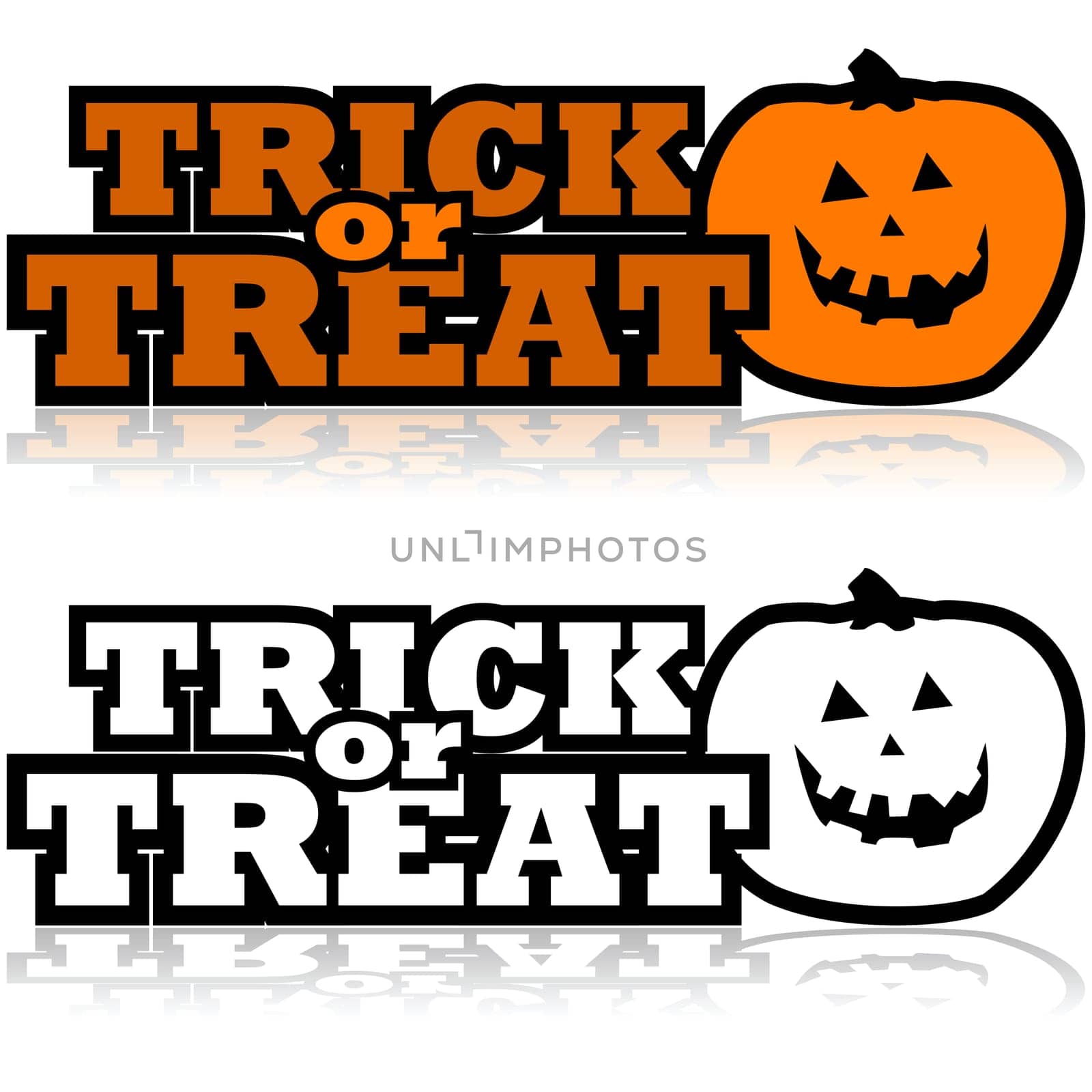 Cartoon illustration showing a carved pumpkin beside the words 'Trick or treat'