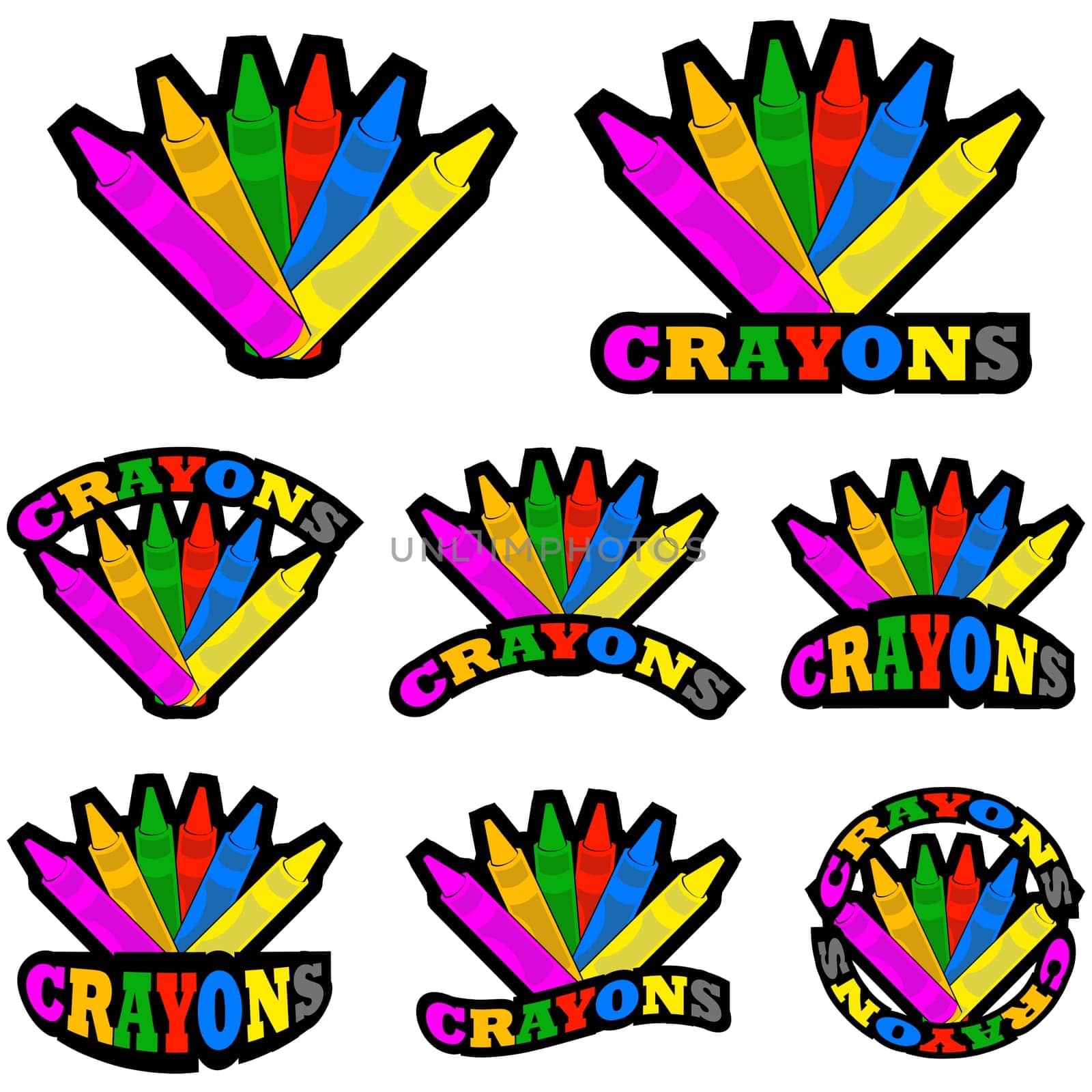 Icon set showing different colored crayons arranged with different variations of the word crayons