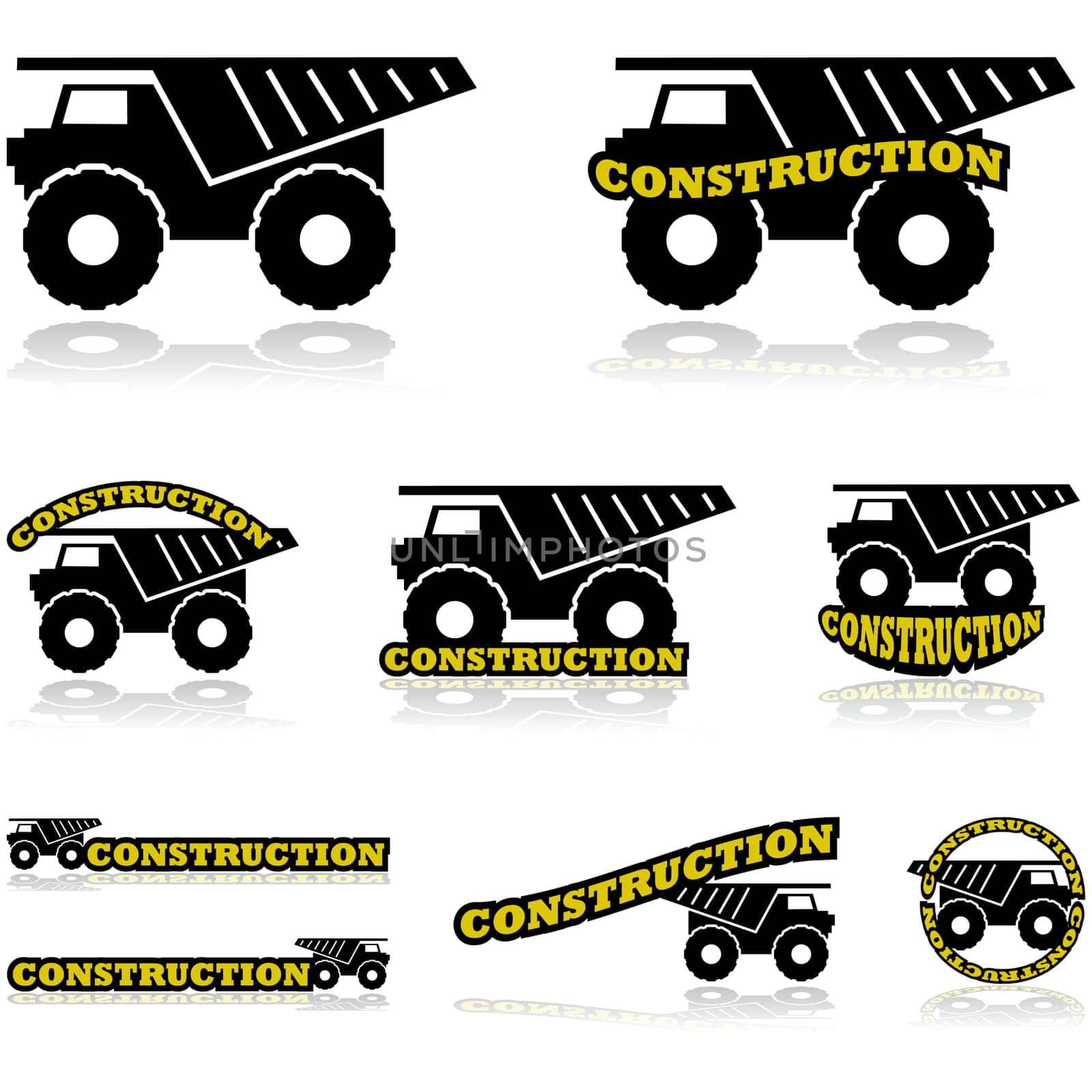 Icon set showing a construction truck combined with different variations of the word construction