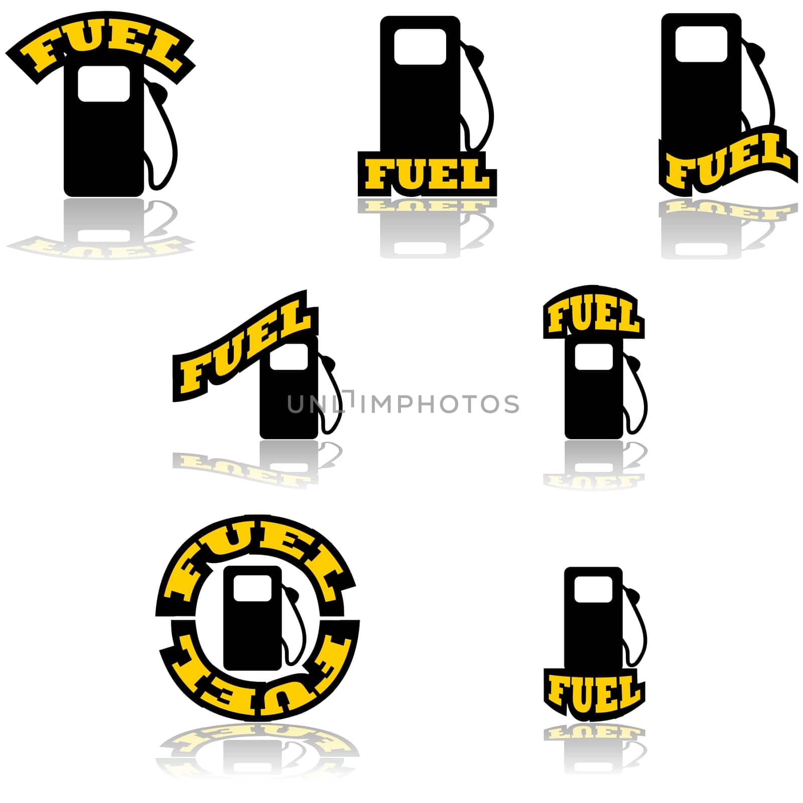 Icon set showing a fuel pump combined with different variations of the word fuel