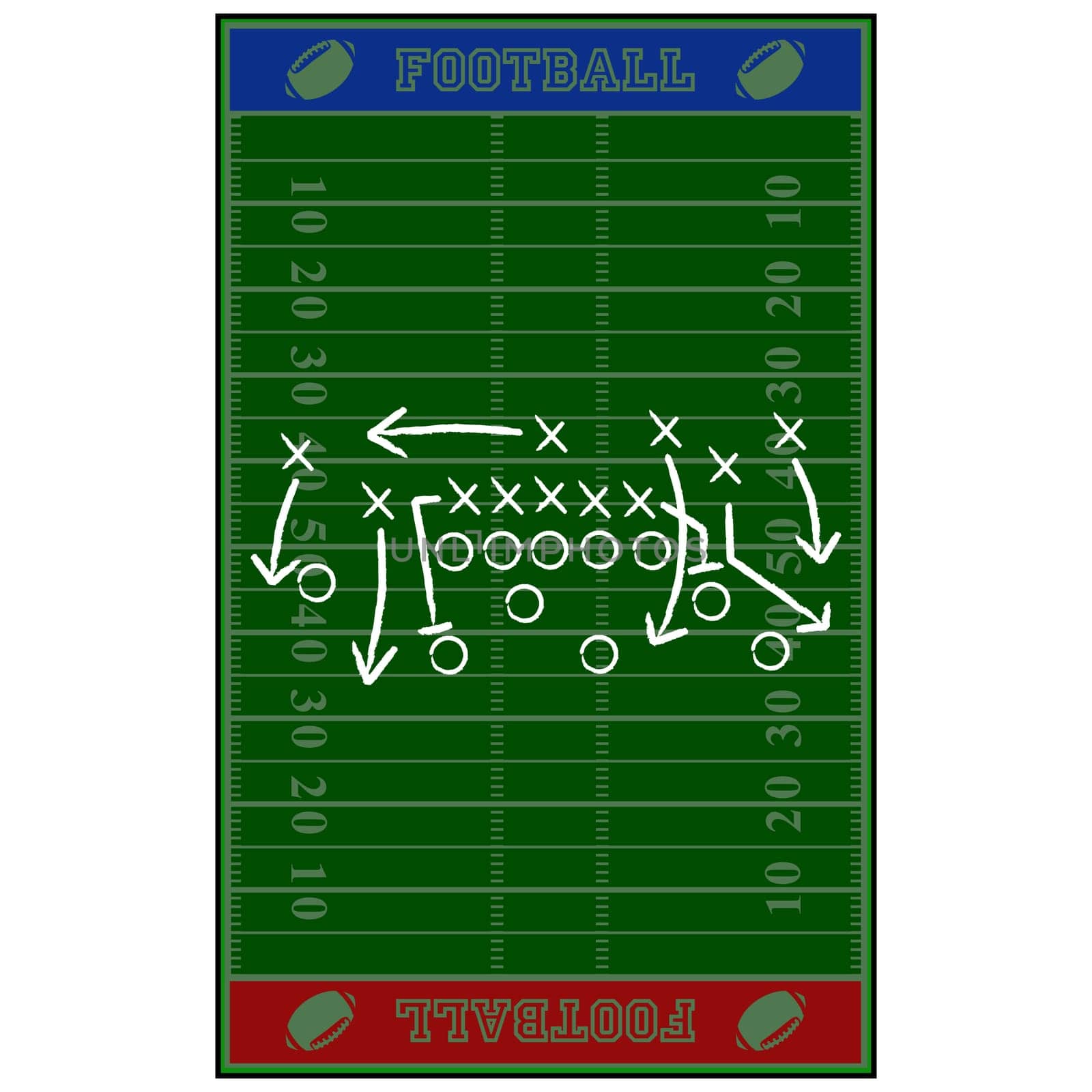 Concept illustration showing an American football field with a gameplan sketched over it