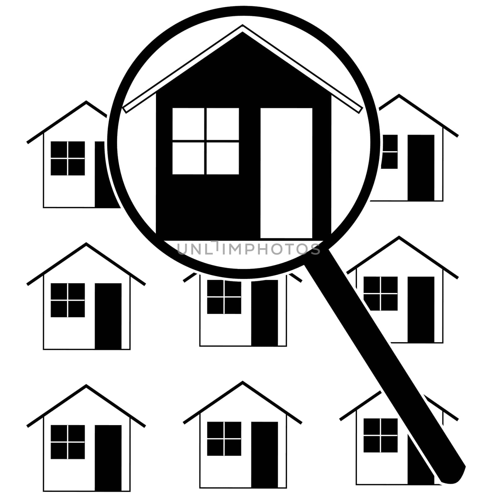Icon set showing a magnifying glass identifying a home among rows of houses