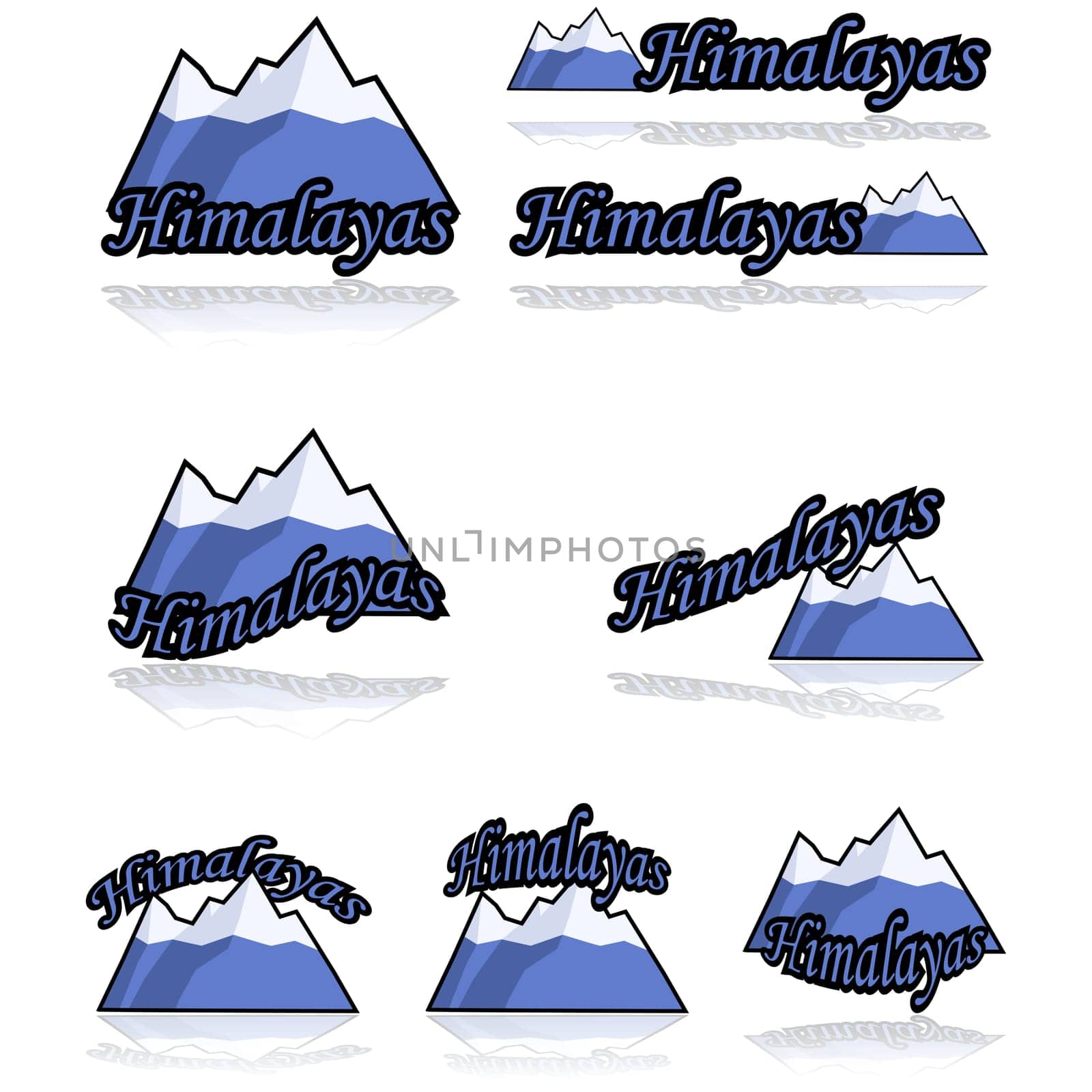 Icon set showing a cartoon range of mountains combined with different variations of the word Himalayas