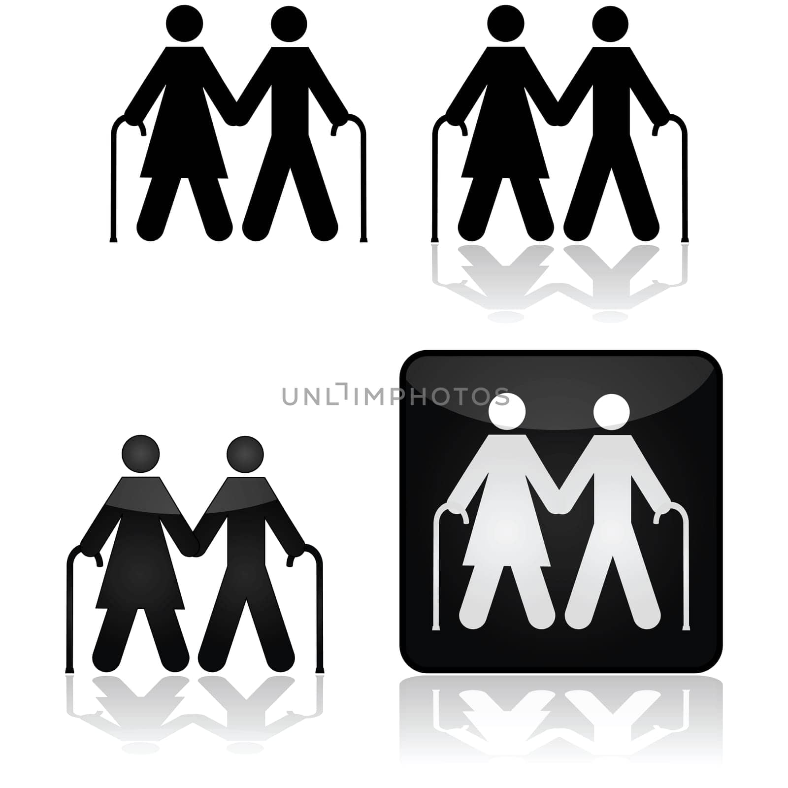 Concept illustration showing an older couple walking with canes