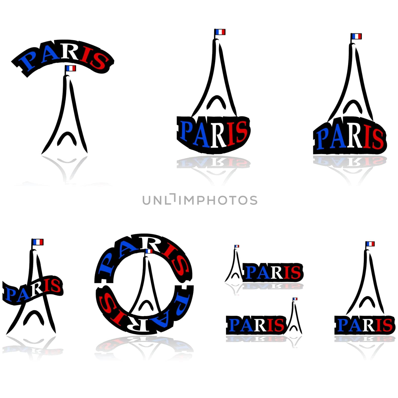 Icon set showing a free interpretation of the Eiffel tower combined with different variations of the word Paris