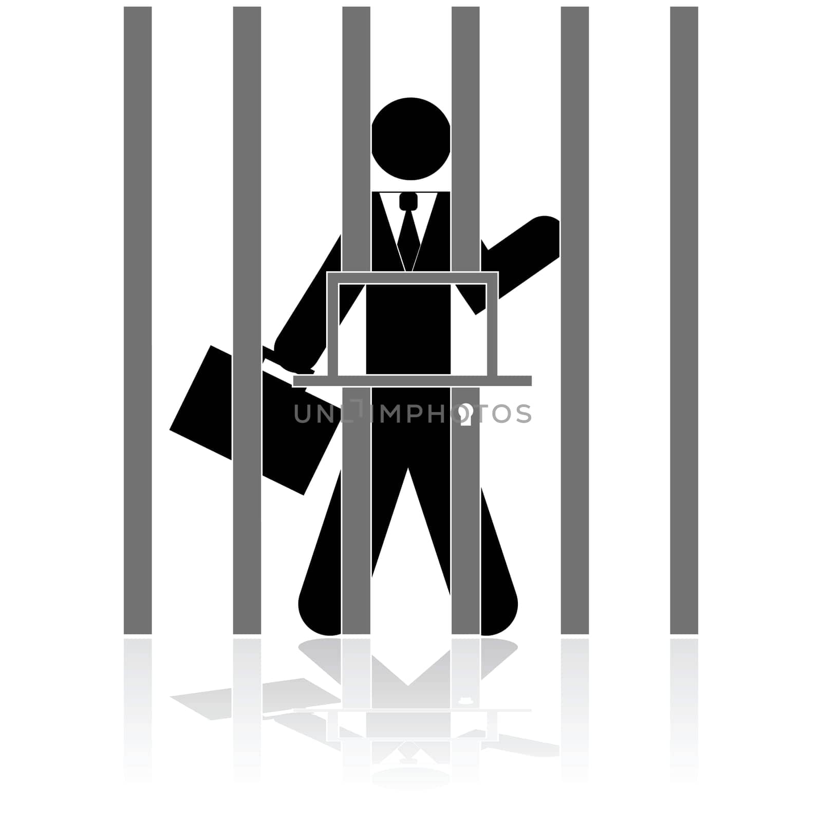 Concept illustration showing a businessman behind bars, in prison