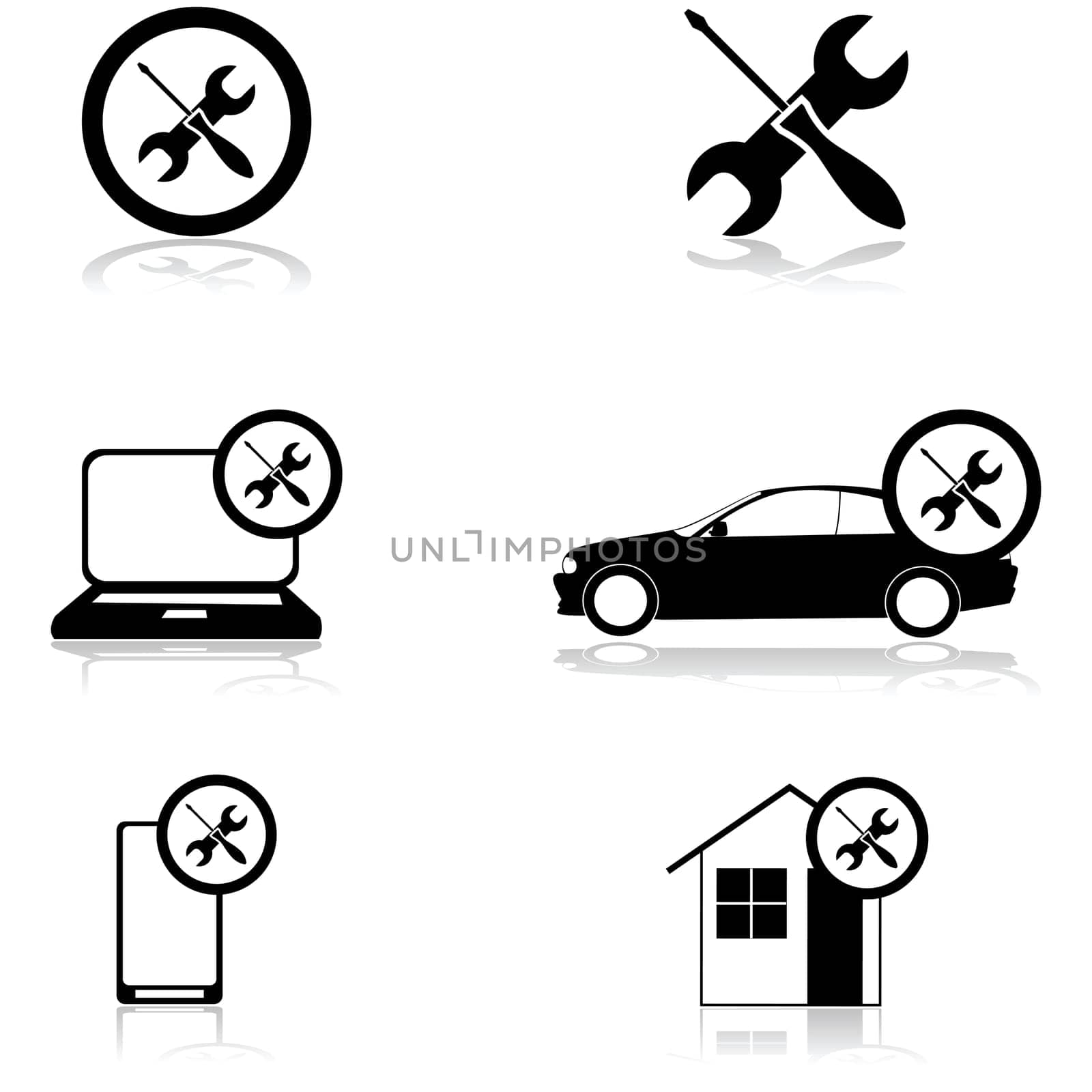 Icon set showing a wrench and a screwdriver paired with a computer, a phone, a car and a house