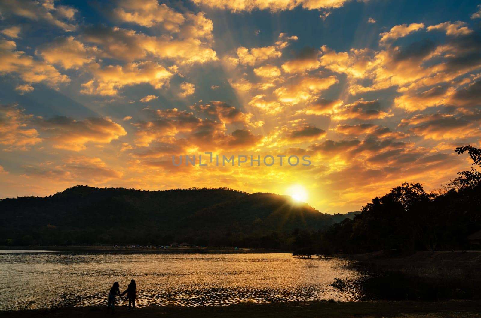 Sunrise over mountain by the lake at Kaeng Krachan National Park Phetchaburi province in Thailand