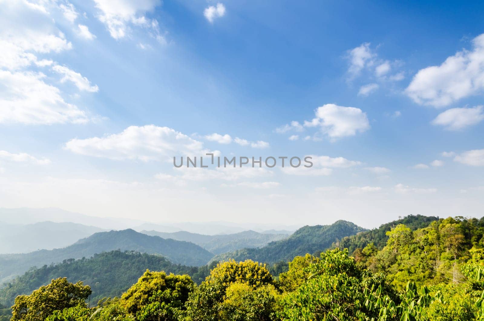 High angle view blue sky over mountain from Panoen Thung scenic point at Kaeng Krachan National Park Phetchaburi province in Thailand