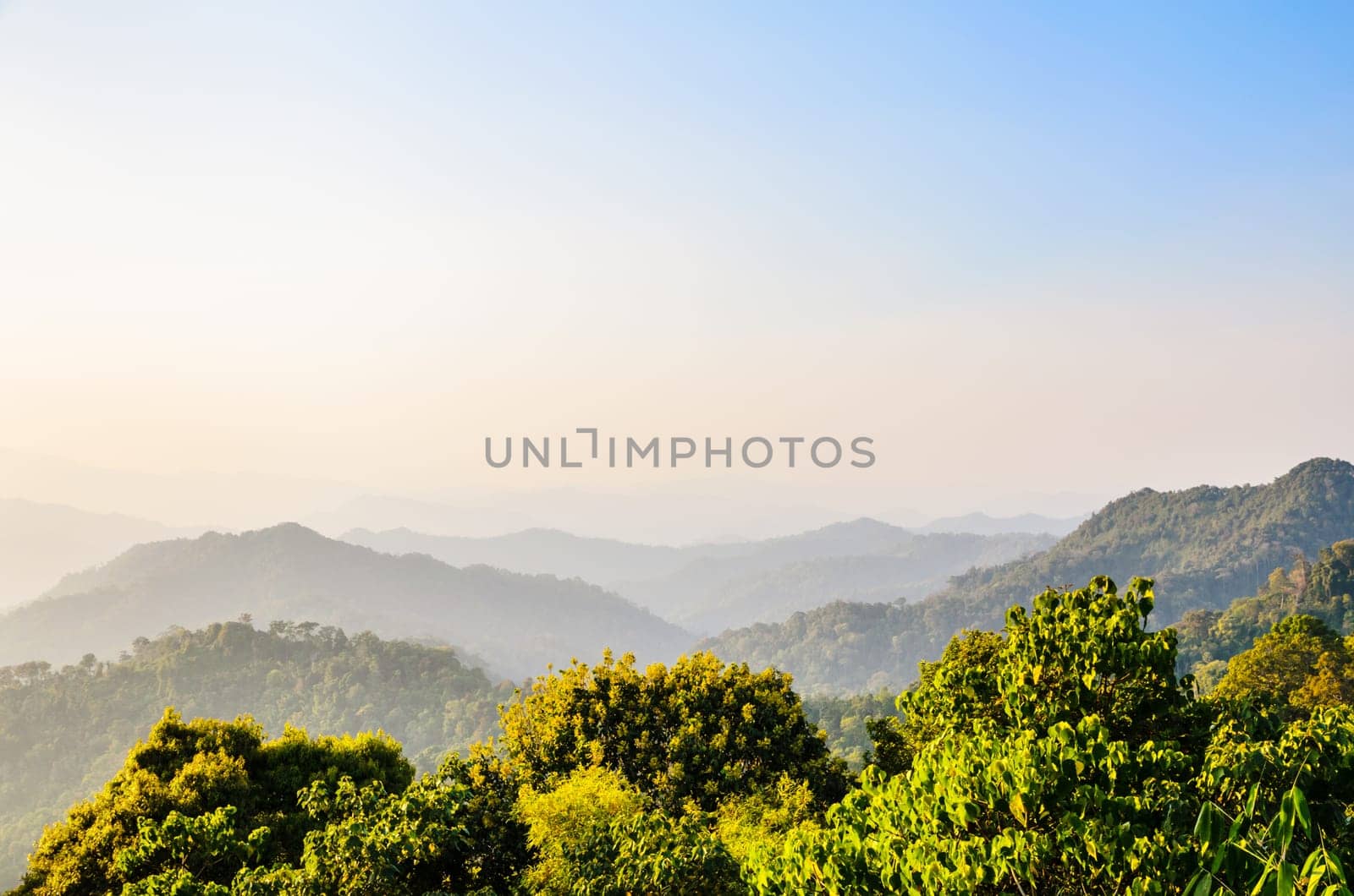 High angle view sky over mountain at sunset from Panoen Thung scenic point in Kaeng Krachan National Park Phetchaburi province Thailand