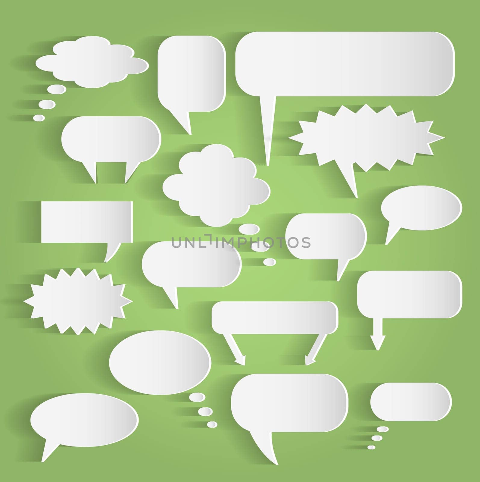 Illustration of various paper chat bubbles against a colorful background.