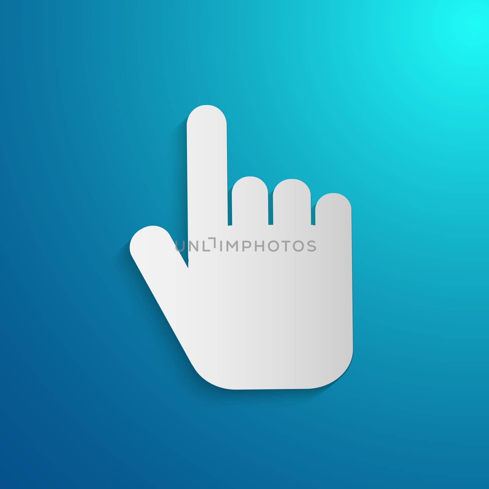 Illustration of a hand pointing on a colorful blue background.