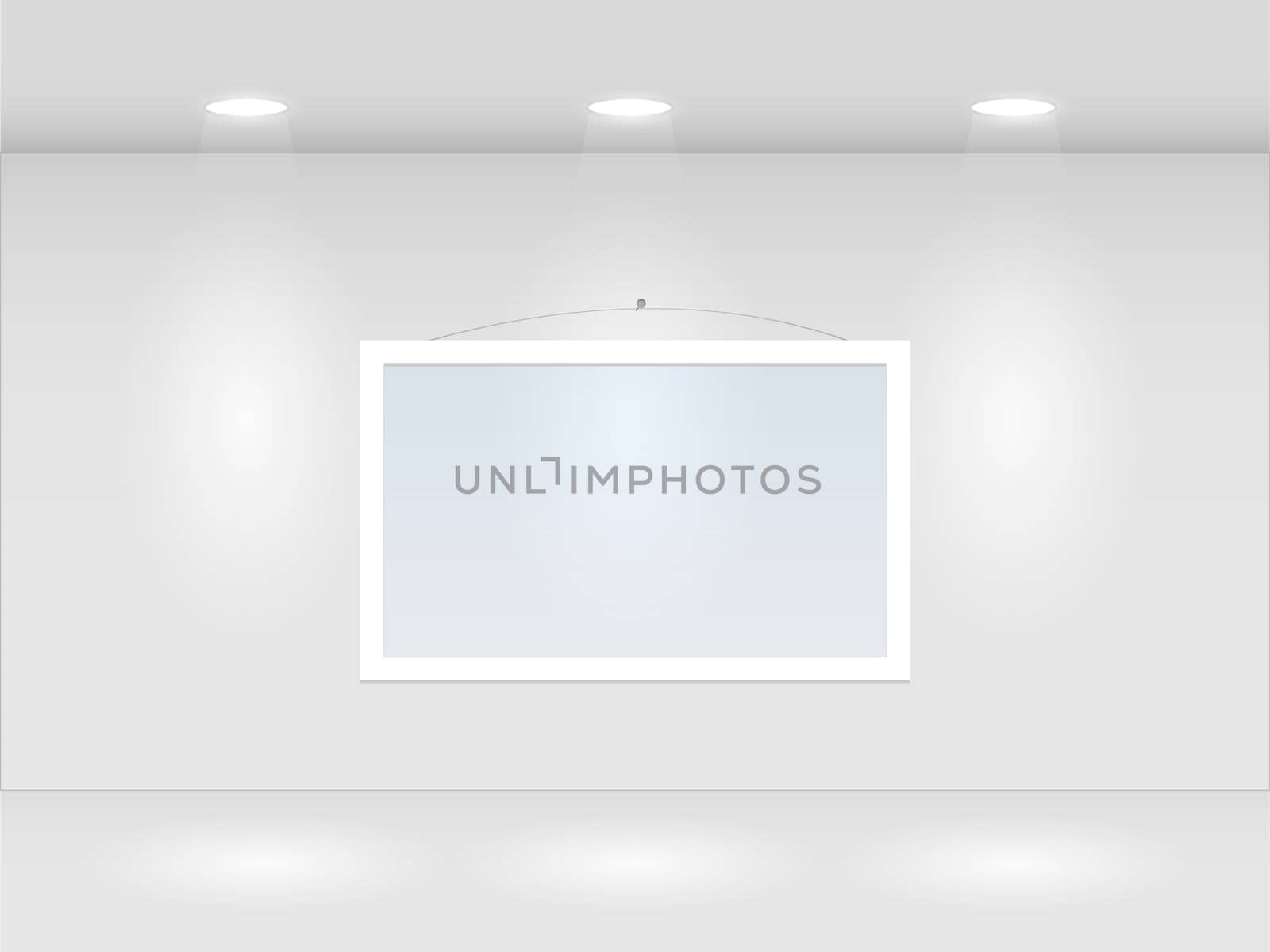 Illustration of a room with lights and hanging frame.