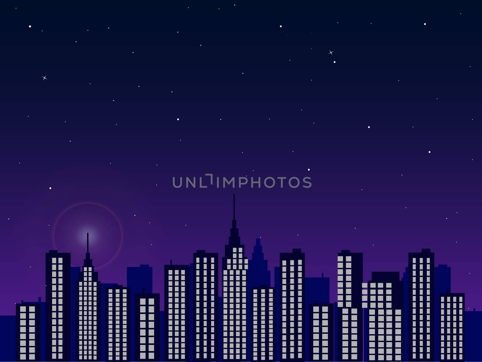 Illustration of a city skyline with a twilight sky background.