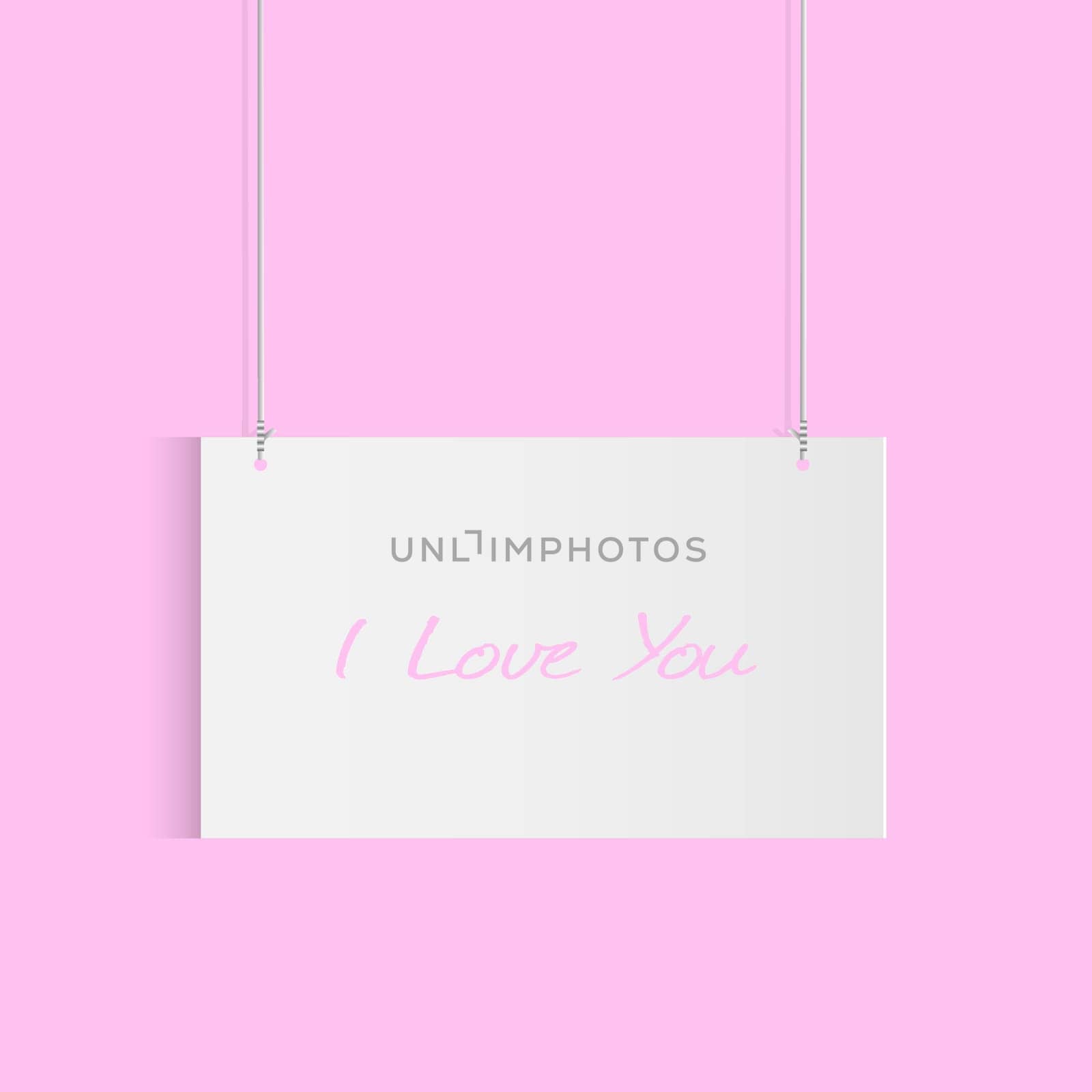 Illustration of a hanging card with I Love You against a pink background.