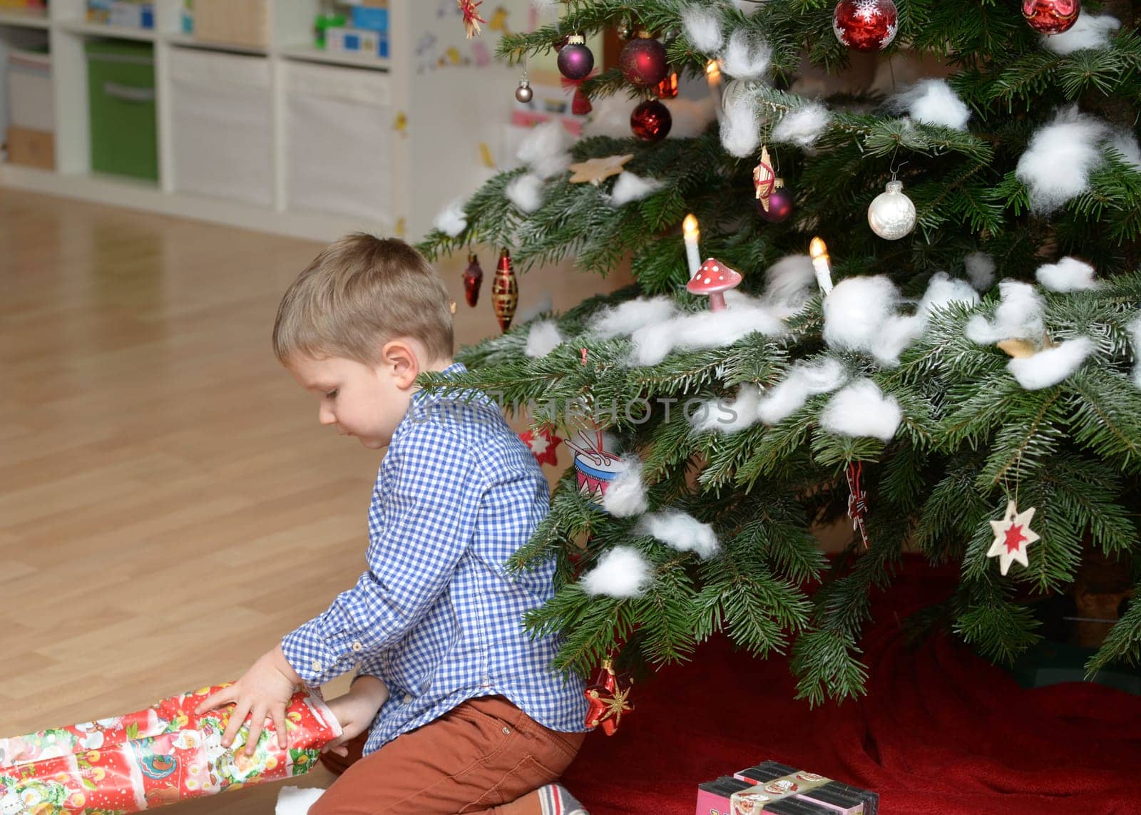 boy on christmas tree