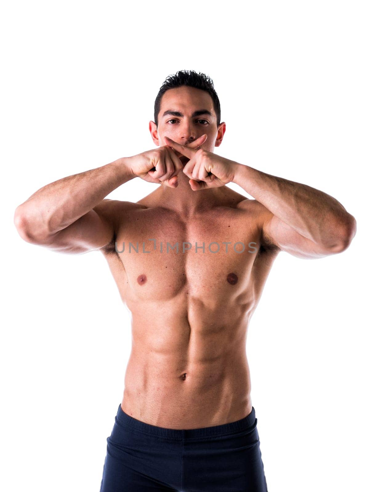 Topless Man with Six Packs Abs and X Finger Sign, isolated in White