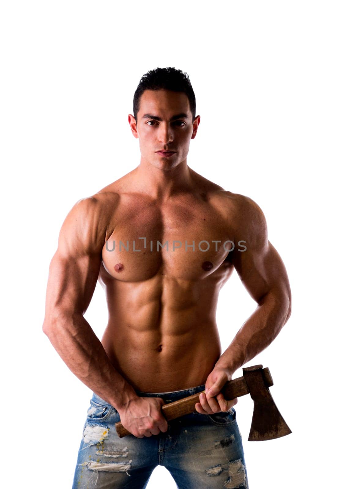 Shirtless male model with axe on white background