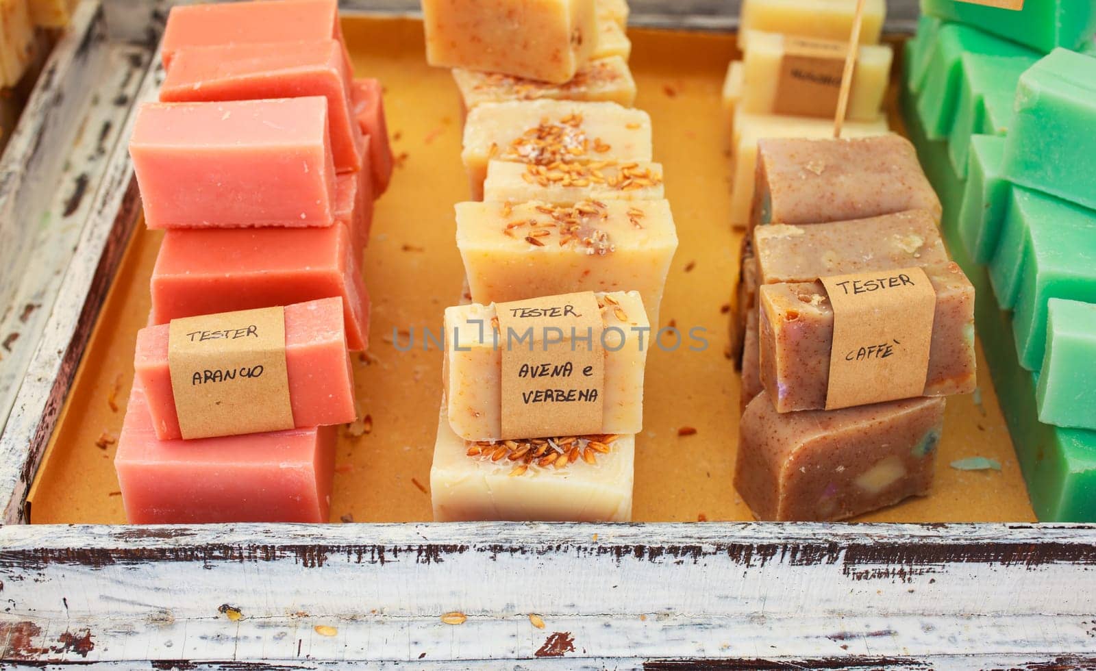 View of homemade soaps in the street market