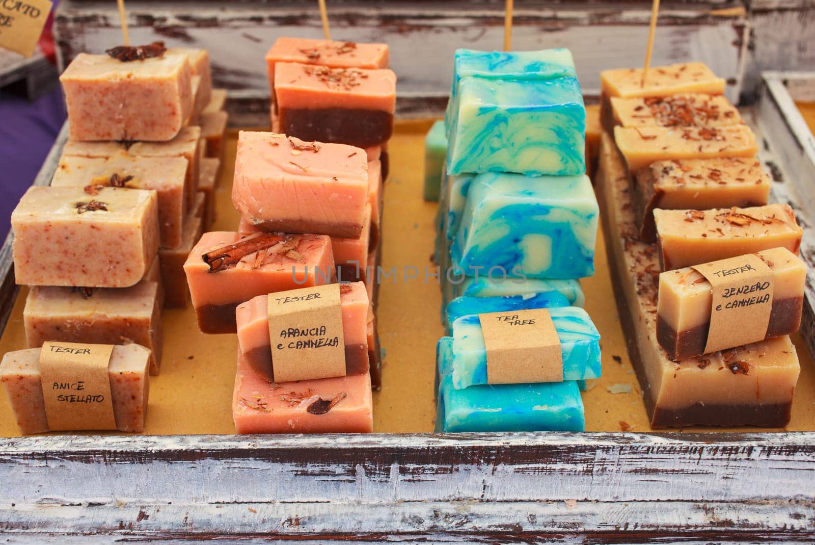 View of homemade soaps in the street market