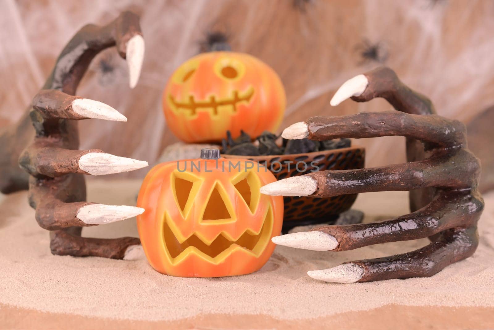 Halloween witch hands and Jack O' lantern pumpkin ornaments