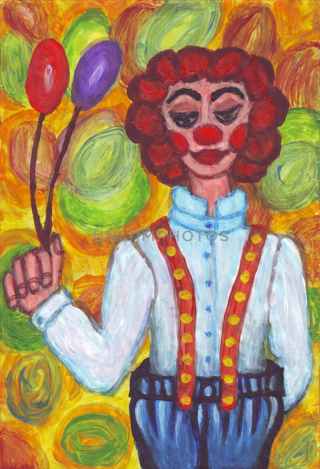 Painting of a clown with big pants.