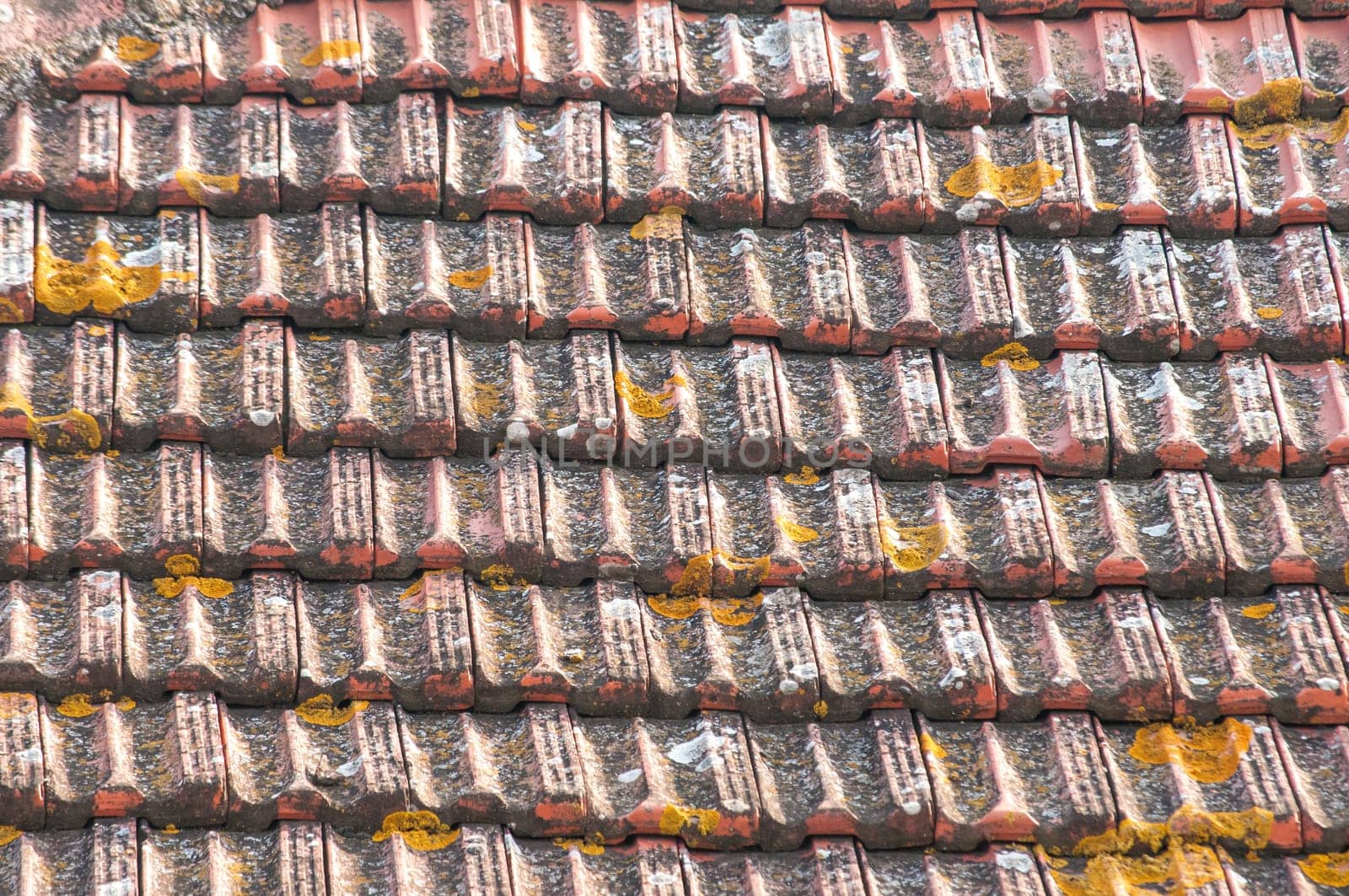 Weathered tiles of old house roof as background