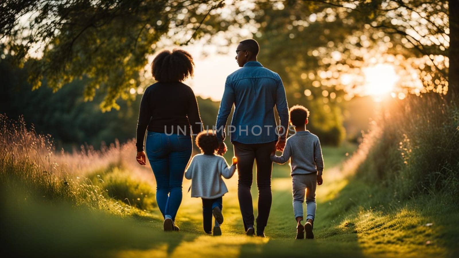 Modern contemporary mixed race open family enjoying outdoors in middle season at sunset generative ai art