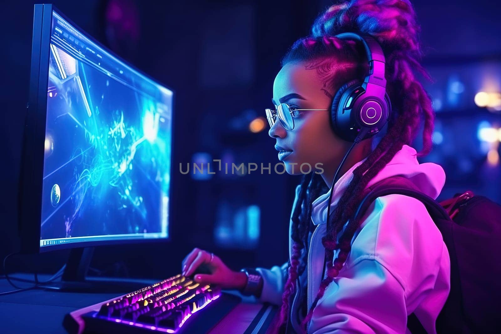 An African-American woman wearing headphones plays games on her computer. Neon light. by Yurich32