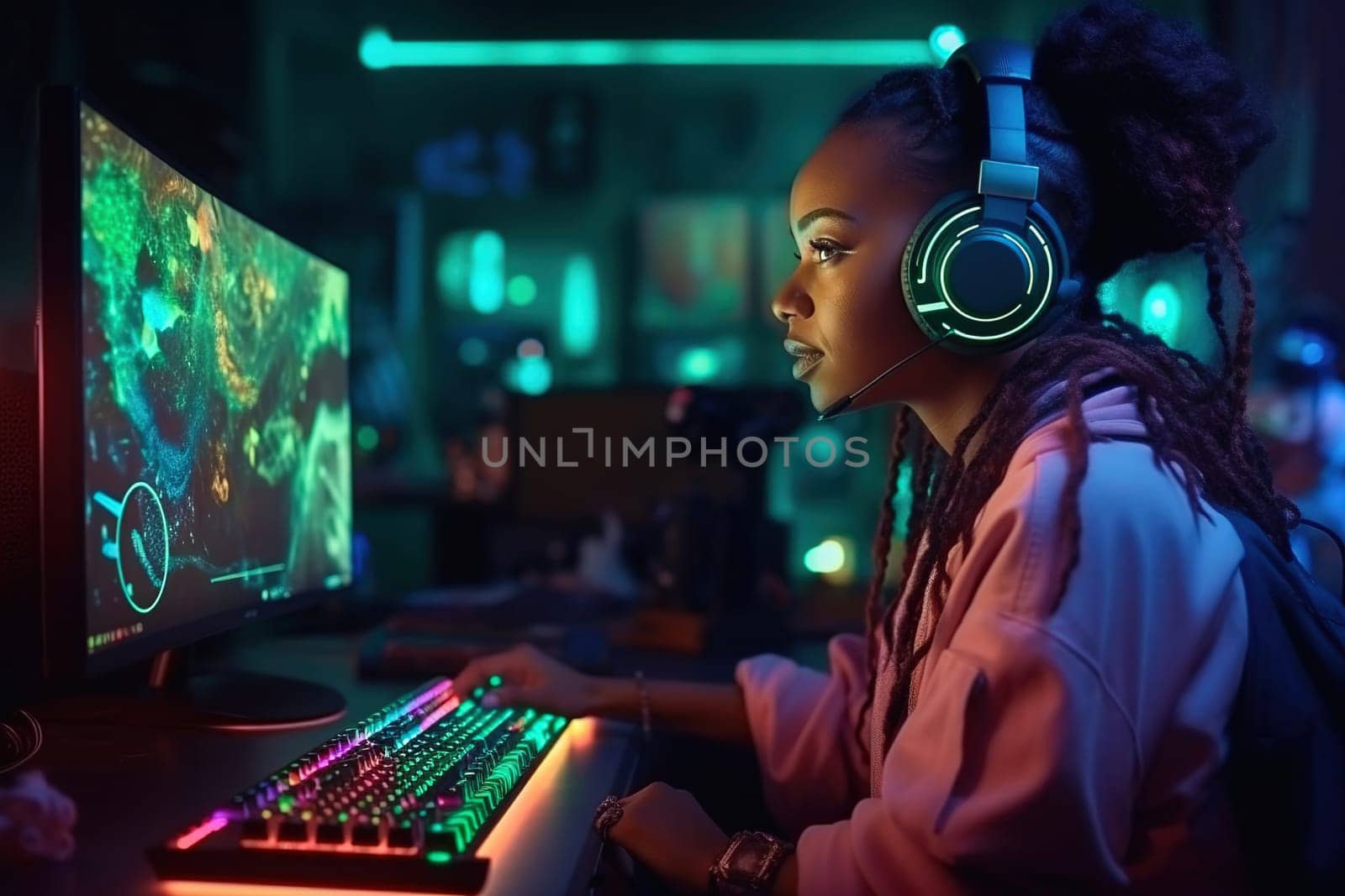 An African-American woman wearing headphones plays games on her computer. Neon light