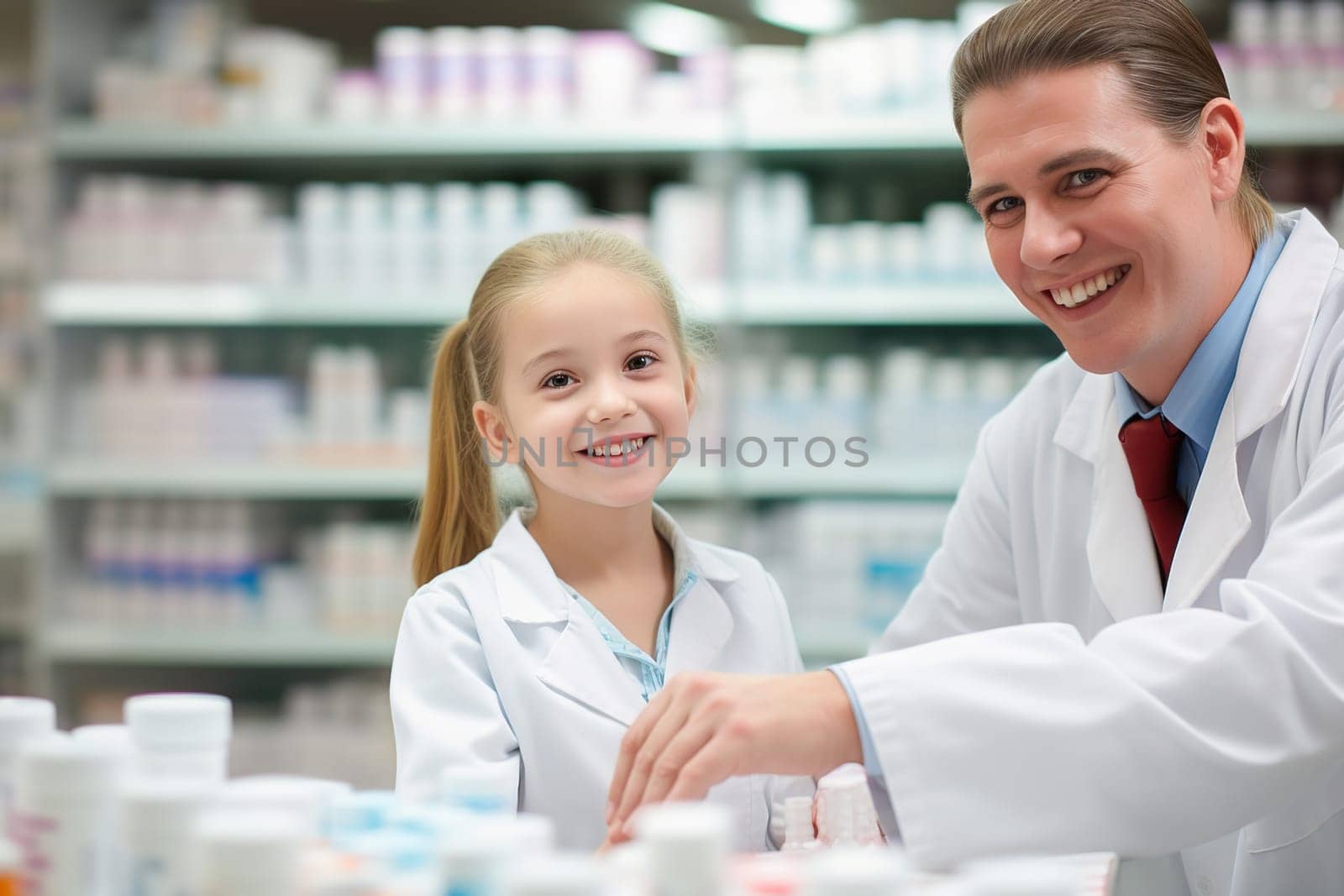 A male doctor gives a girl vitamin pills. The concept of children's health
