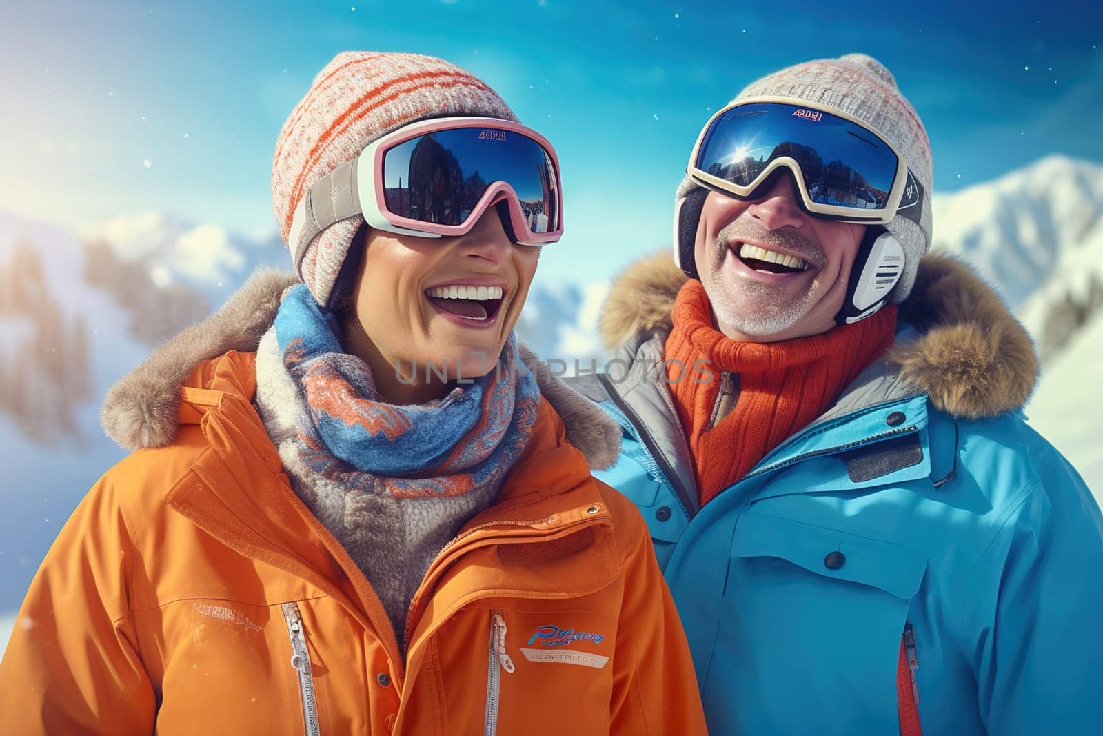 Portrait of a happy middle-aged couple wearing ski goggles. Concept of winter vacation in the mountains. by Yurich32