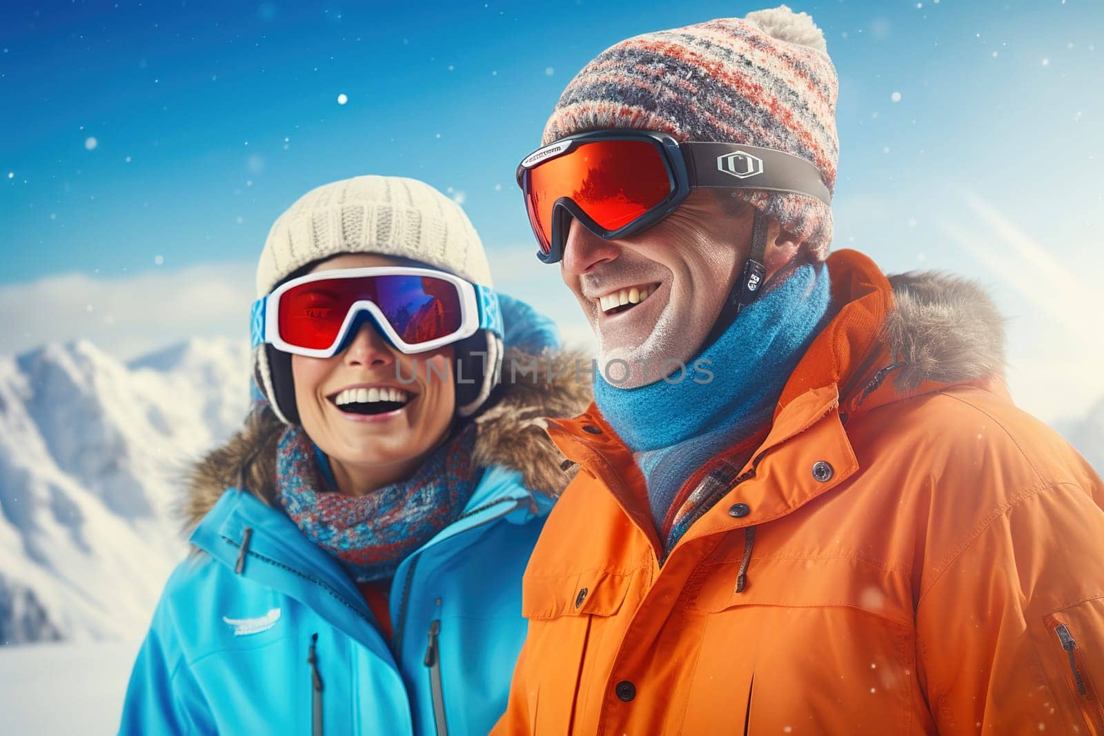 Portrait of a happy middle-aged couple wearing ski goggles. Concept of winter vacation in the mountains