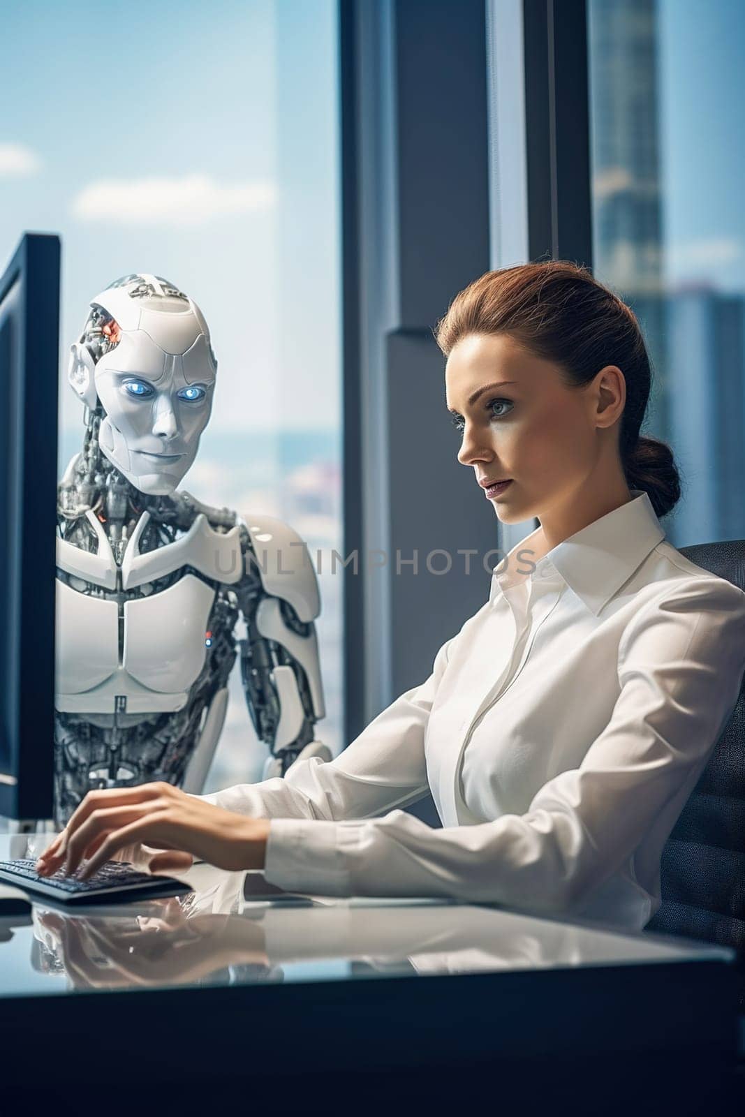 Interview with a futuristic robot in a modern office. The concept of the technical breakthrough of artificial intelligence. by Yurich32