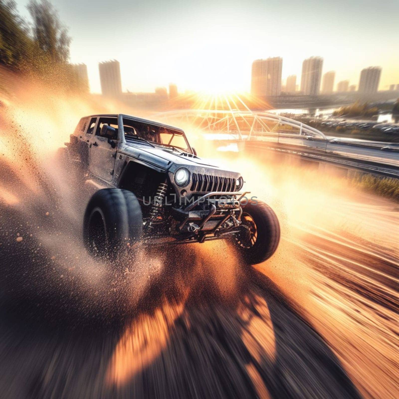 modern suv crossover jeep go fast in city suburbs, sunrise, motion blur, golden hour, off road generative ai art