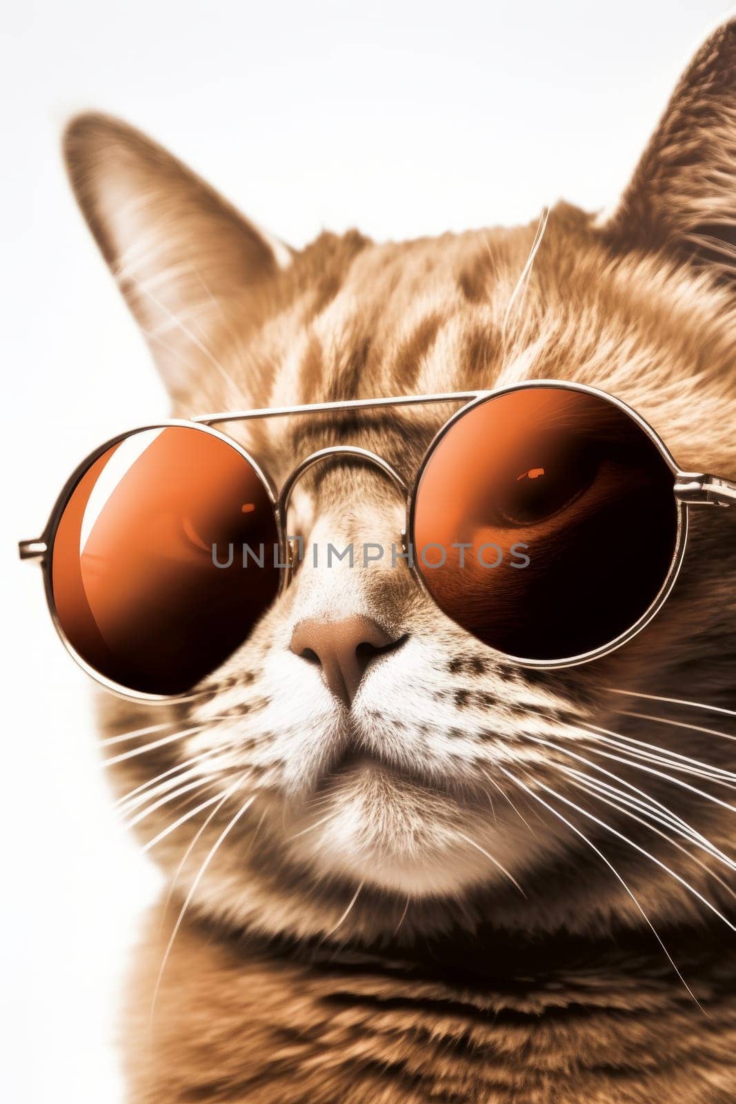 Close up of head ginger cat in round sunglasses, on white background, looks away. Vertical