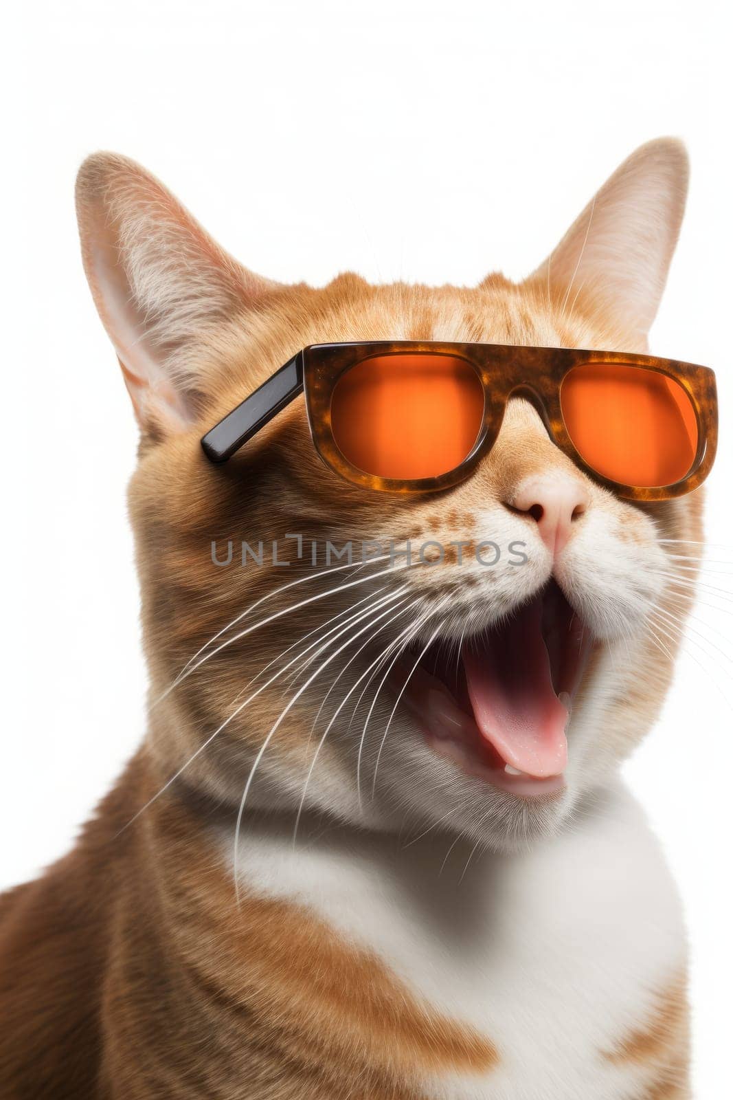 Portrait of happy ginger cat with opening mouth, in orange large sunglasses, on white background by Zakharova