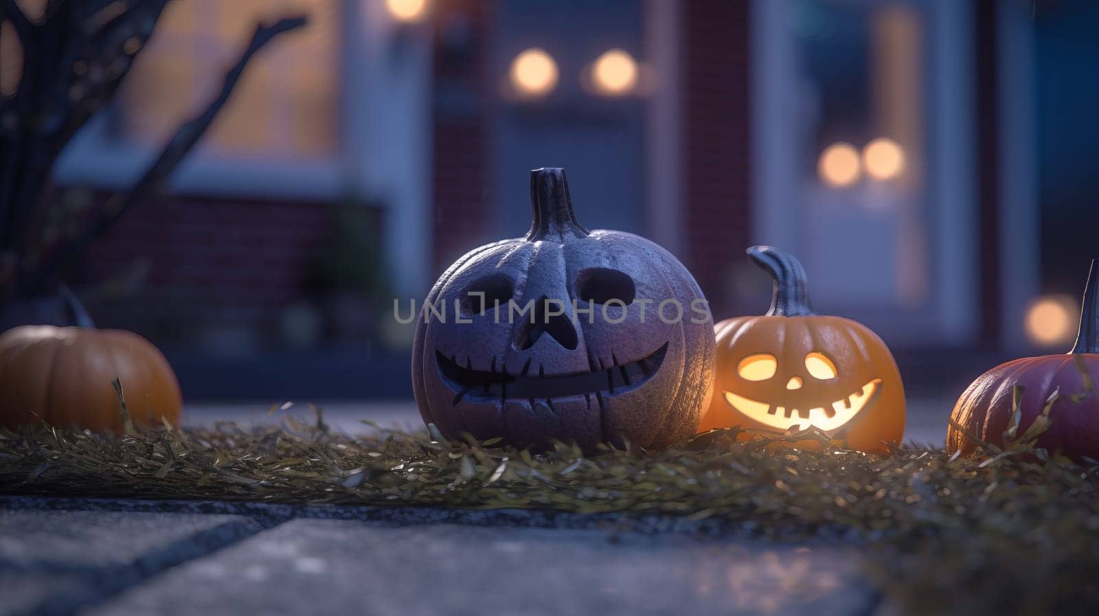 Night view of a halloween pumpkins nearby house in autumn. Close up.