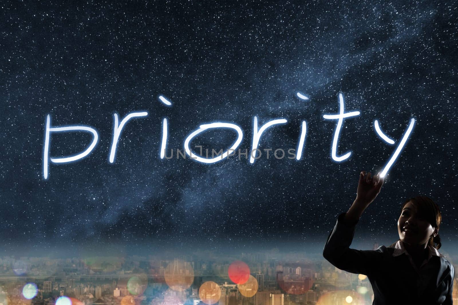 Concept of priority, silhouette asian business woman light drawing.