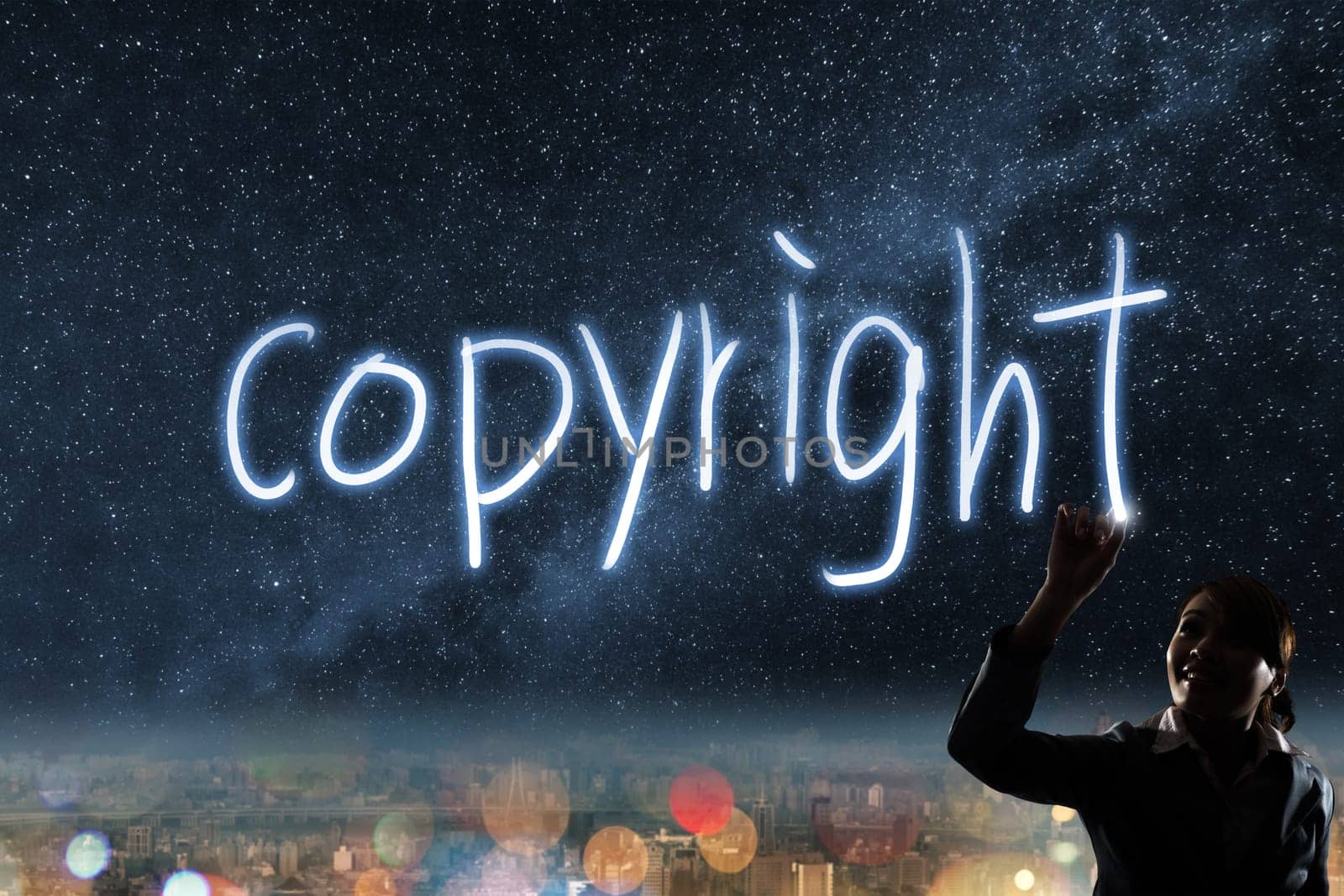 Concept of copyright, silhouette asian business woman light drawing.