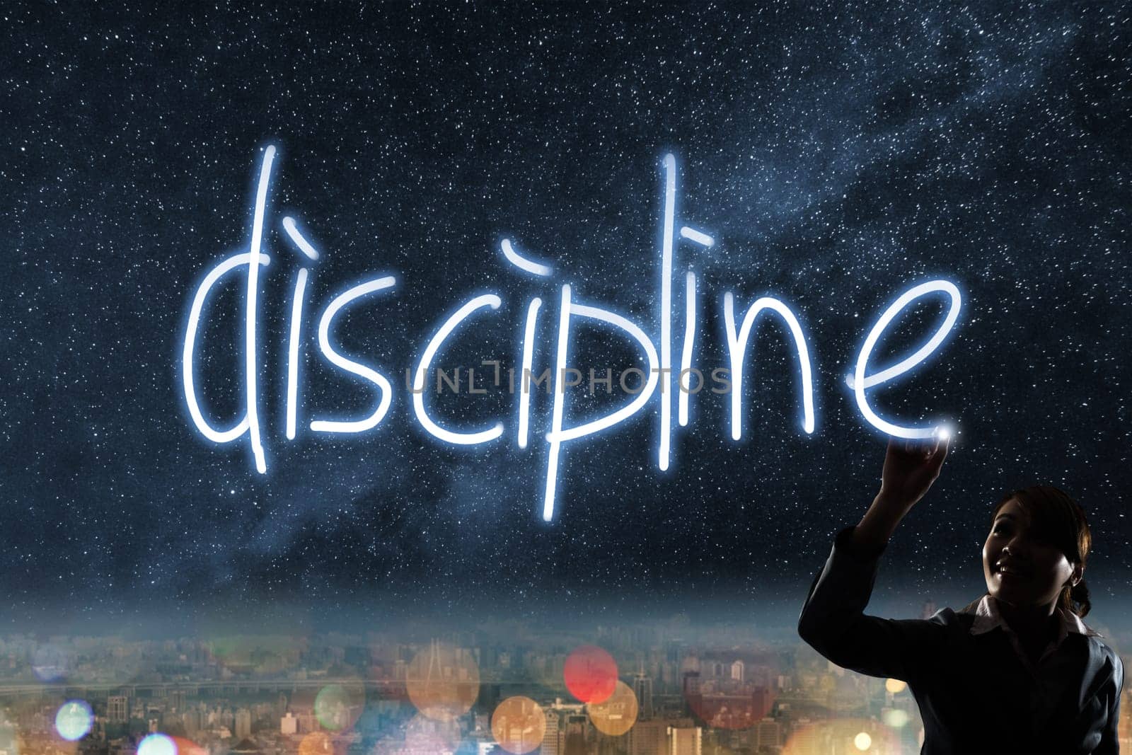 Concept of discipline, silhouette asian business woman light drawing.