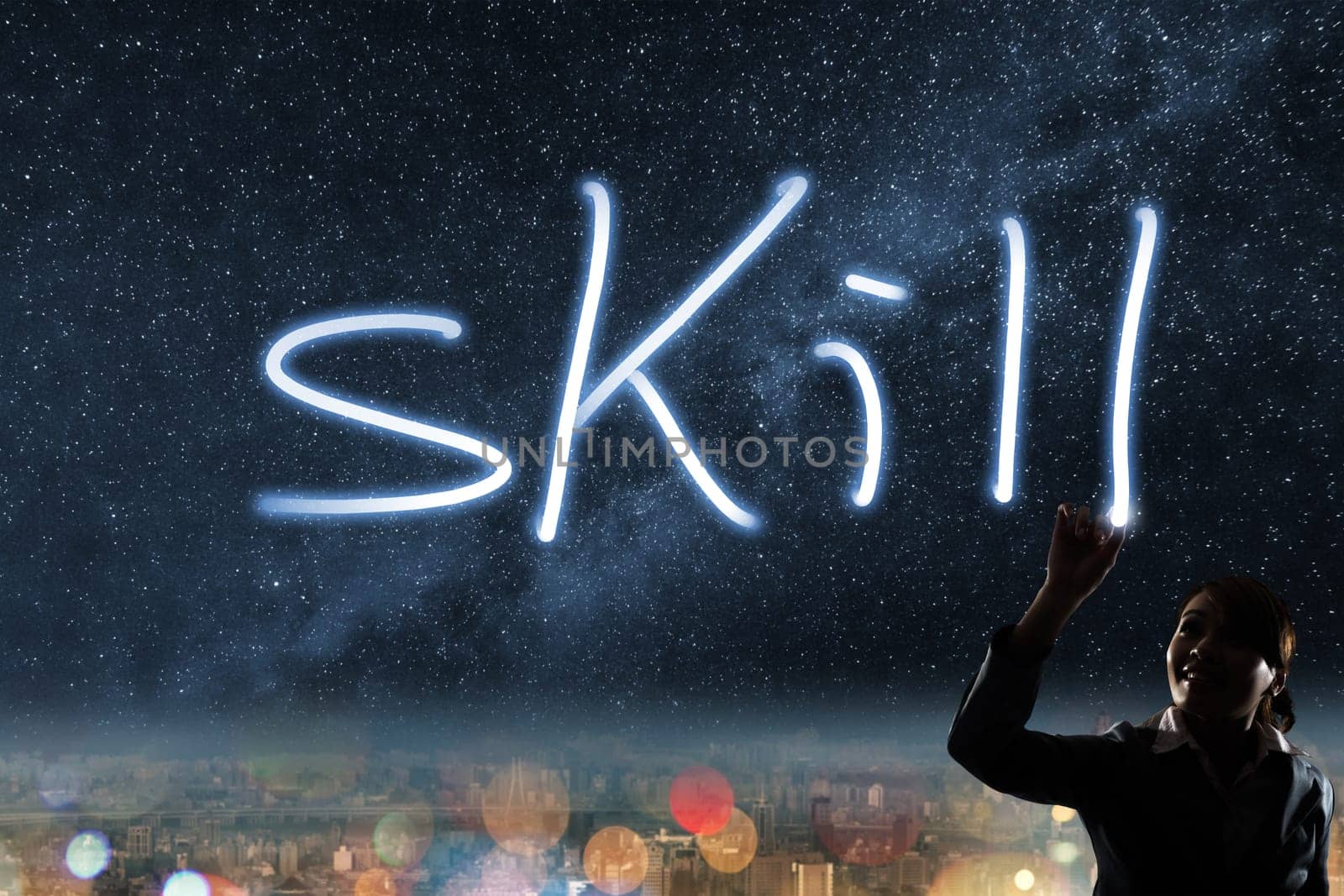 Concept of skill, silhouette asian business woman light drawing.