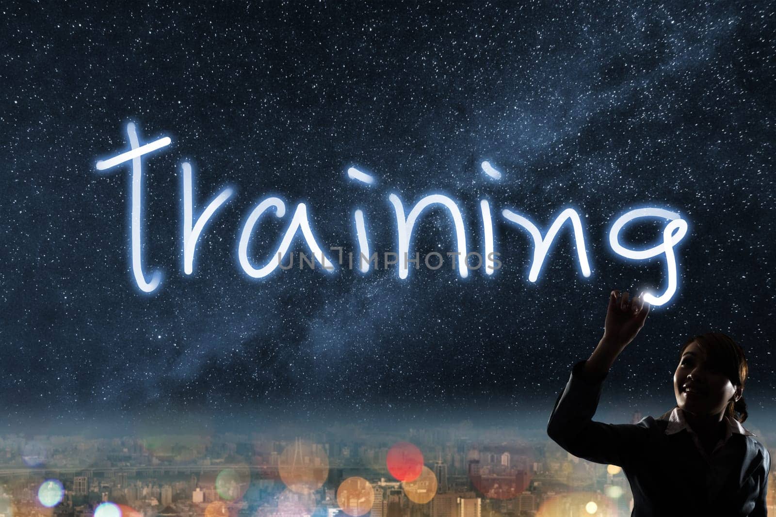 Concept of training, silhouette asian business woman light drawing.