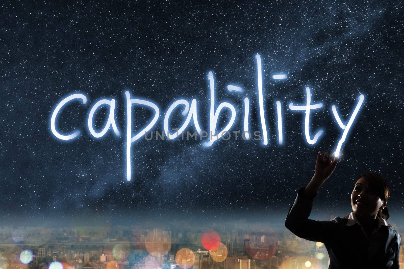 Concept of capability, silhouette asian business woman light drawing.