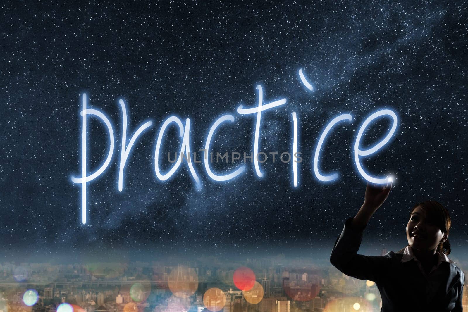 Concept of practice, silhouette asian business woman light drawing.