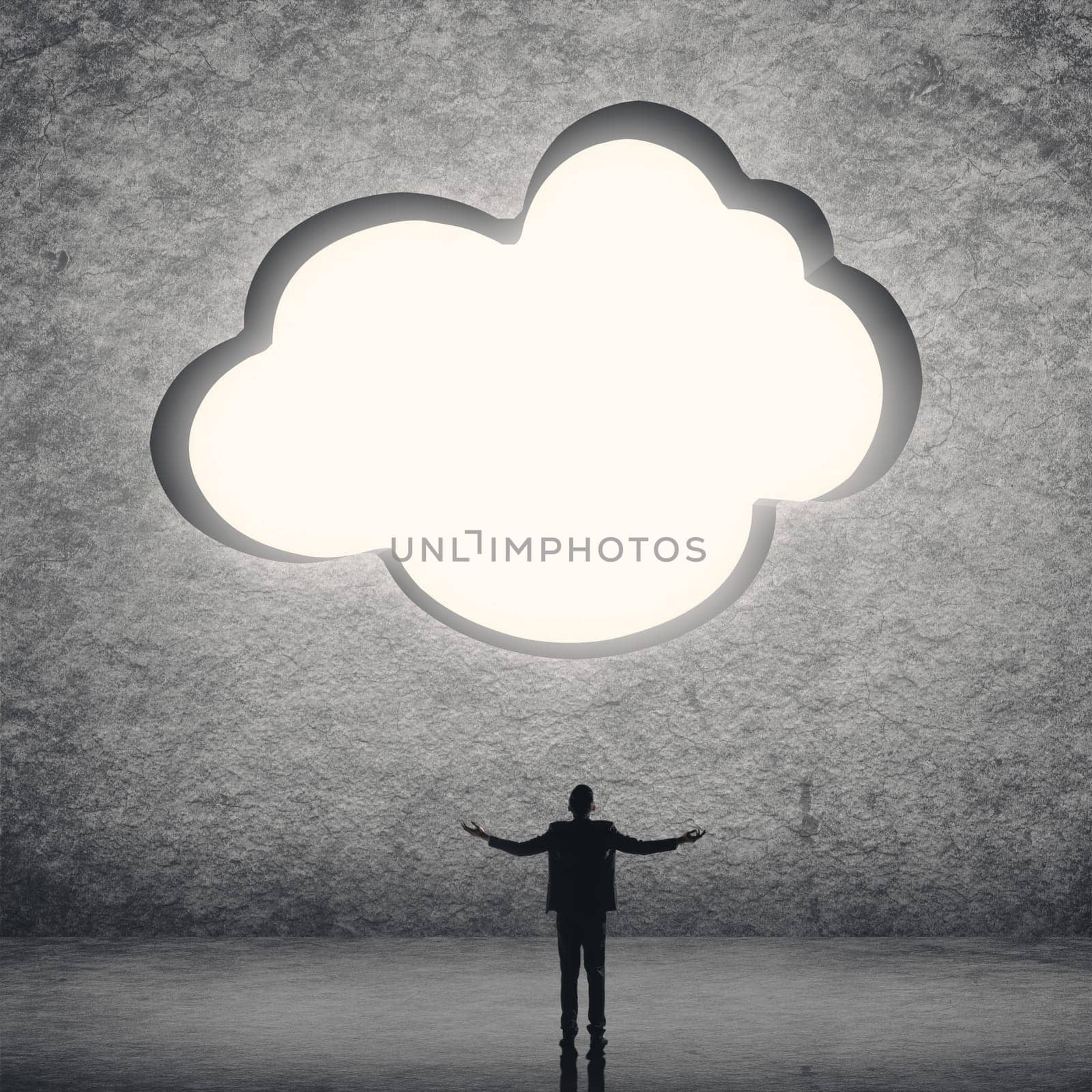 Cloud concept with a man face the cloud.